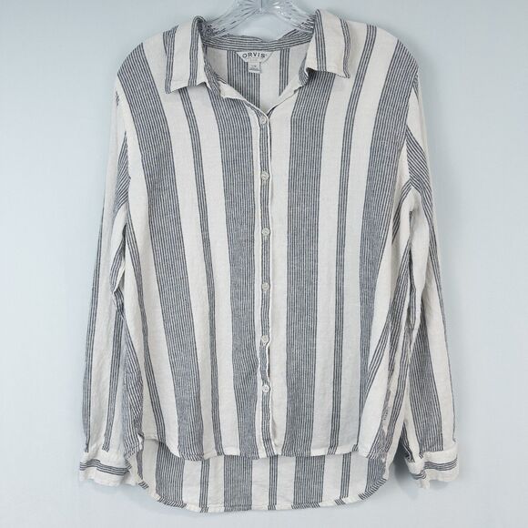 Orvis Tops - Orvis Striped Linen Blend Long Sleeve Button Up Shirt Womens Large Beach Preppy